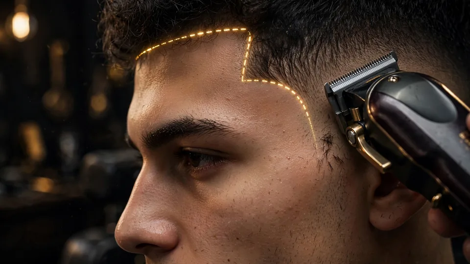 Line-Up — trace the dashed gold guide along a client's hairline in one smooth stroke