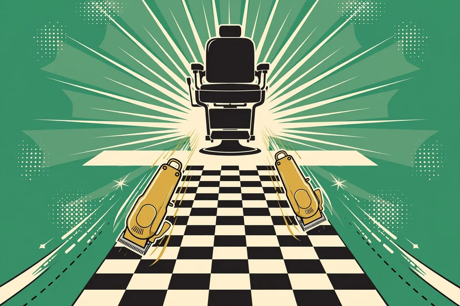 Illustration of golden clippers racing under a barber chair