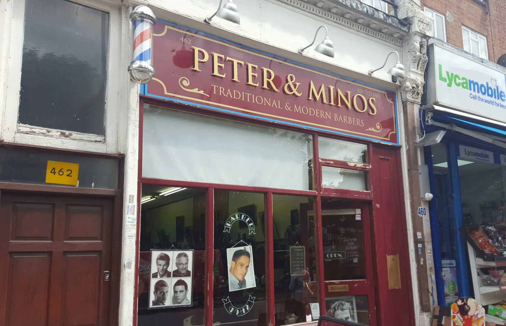 The red and gold Peter & Minos shopfront at 462 Edgware Road, with its barber pole and 'Traditional & Modern Barbers' fascia